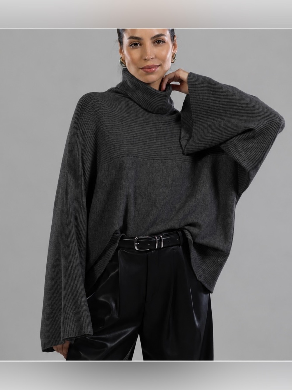 JAKI London Ribbed Roll Neck Sweater Black Bell Sleeve One Size NWT Italy